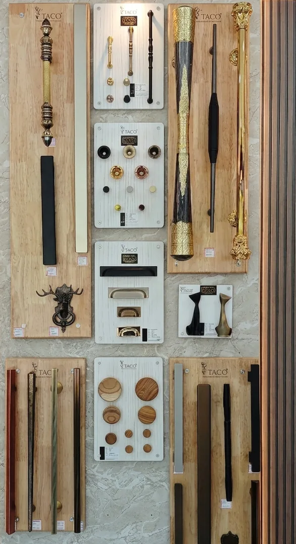 Wall of designer door handles and pull bars