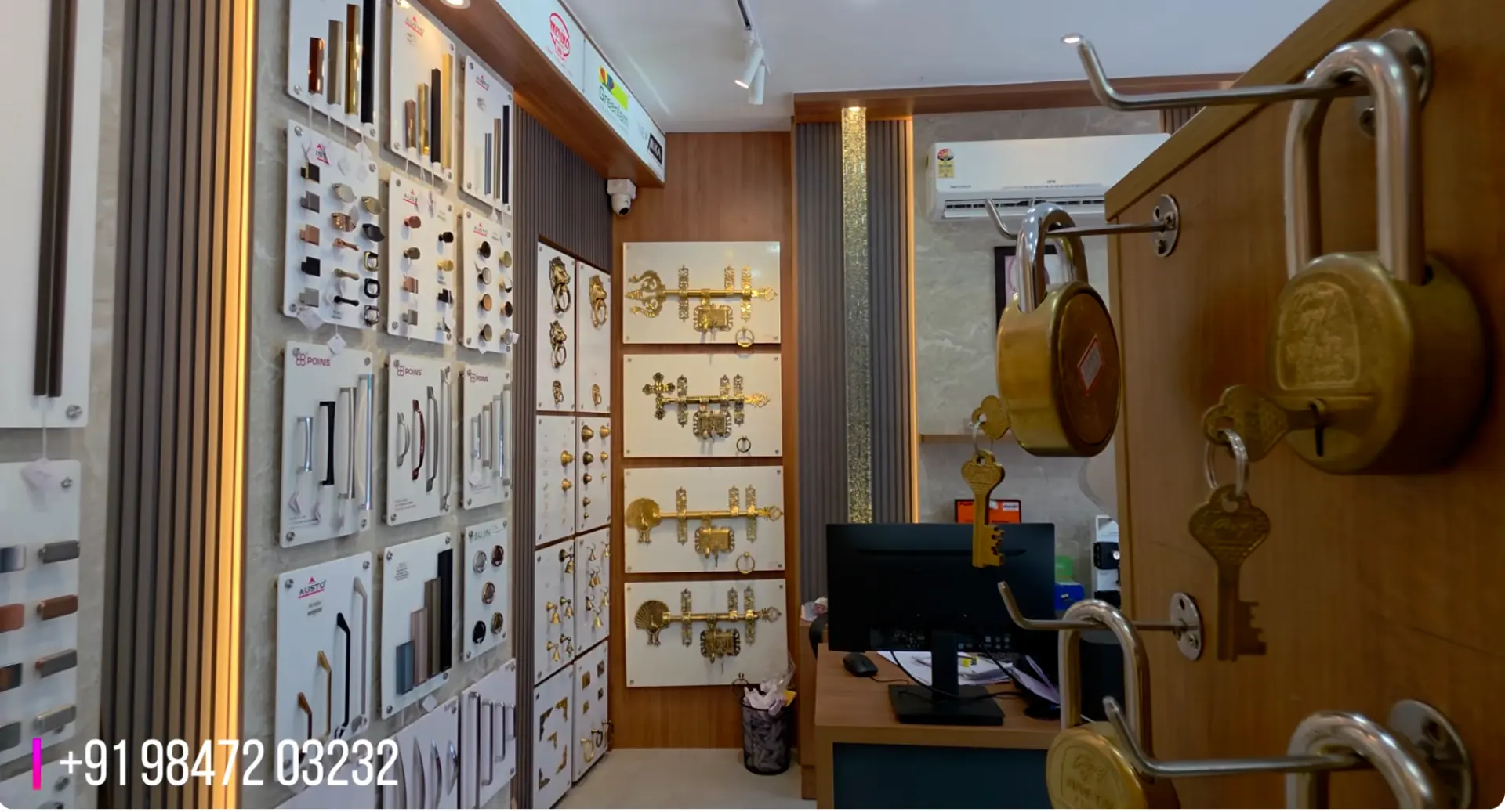 Brass aldrops, knobs and padlocks displayed at The Interior Mart hardware showroom